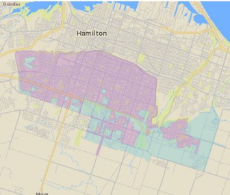 A Canada Post Map showing areas (pink) being converted to community mailboxes on Hamilton Mountain this spring. (Areas in light blue already have community mailboxes)