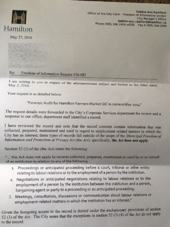 City letter denying freedom of information request from Farmers' Market stallholders association.