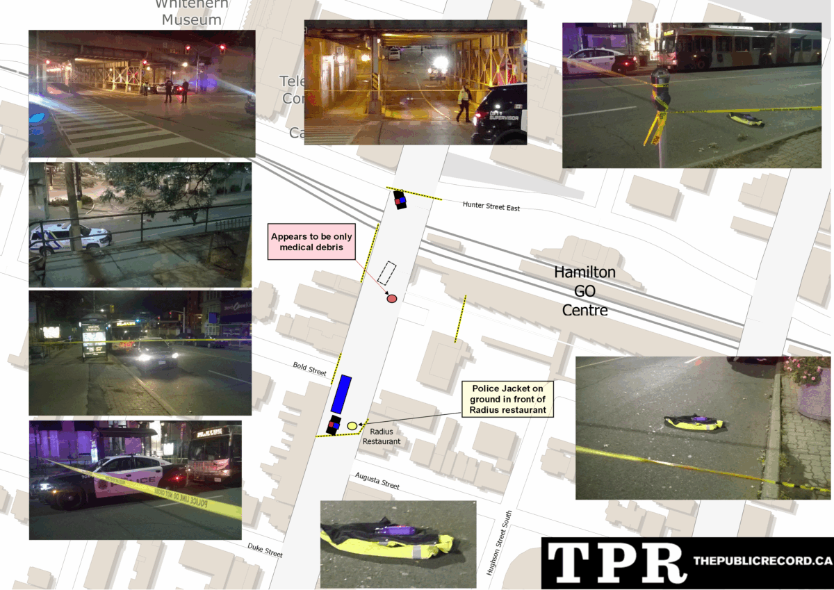 An approximate layout, with photos, of the scene of a Hamilton Police involved shooting on James Street South late Friday, September 30, 2016