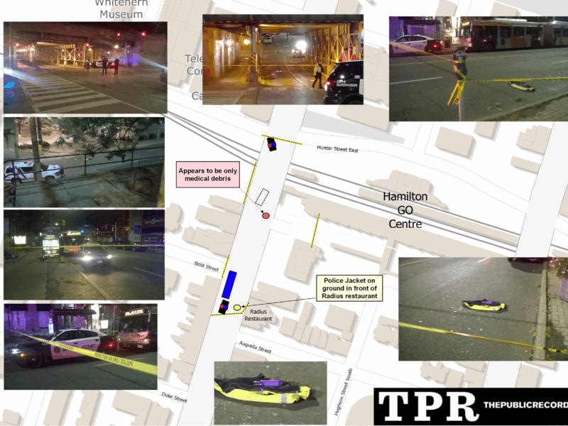 An approximate layout, with photos, of the scene of a Hamilton Police involved shooting on James Street South late Friday, September 30, 2016