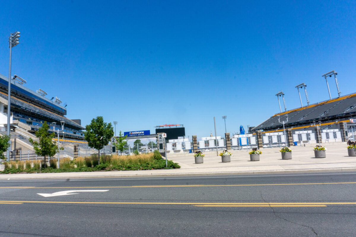 A photo of Hamilton's 23,000 seat civic soccer and football stadium. A wide shot.
