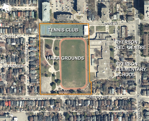 A map of the Hamilton Amateur Athletic Association Grounds from overhead with some labelling of areas of the park and nearby features