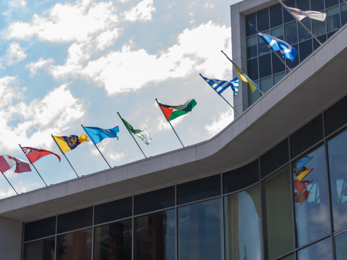 A row of flagpoles on the roof of Hamilton City Hall against a bright, cloudy sky. The Palestinian flag is visible in the center of the line.