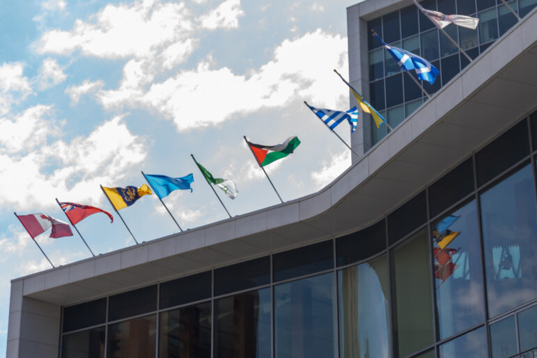 A row of flagpoles on the roof of Hamilton City Hall against a bright, cloudy sky. The Palestinian flag is visible in the center of the line.