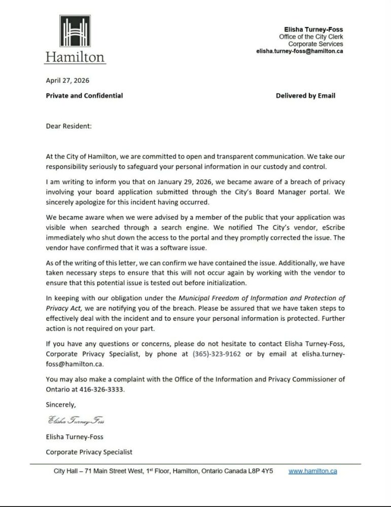 A photograph of a formal letter on City of Hamilton letterhead dated April 27, 2026, addressed to "Dear Resident." The letter, signed by Corporate Privacy Specialist Elisha Turney-Foss, explains that the City became aware of a privacy breach on January 29, 2026, where board applications were visible through search engines. It notes that the vendor, eScribe, has since corrected the issue.