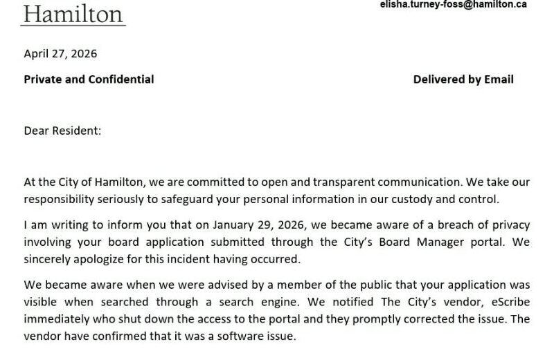 A cropped version of the top half of a formal letter from the City of Hamilton. The image shows the City logo and the first three paragraphs of the letter, which detail the commitment to safeguarding information and the specific circumstances of a privacy breach where application data was indexed by search engines.