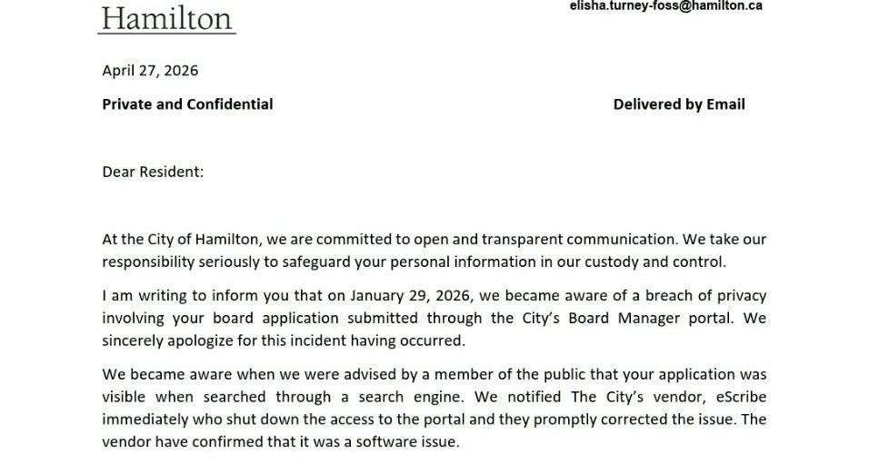 A cropped version of the top half of a formal letter from the City of Hamilton. The image shows the City logo and the first three paragraphs of the letter, which detail the commitment to safeguarding information and the specific circumstances of a privacy breach where application data was indexed by search engines.