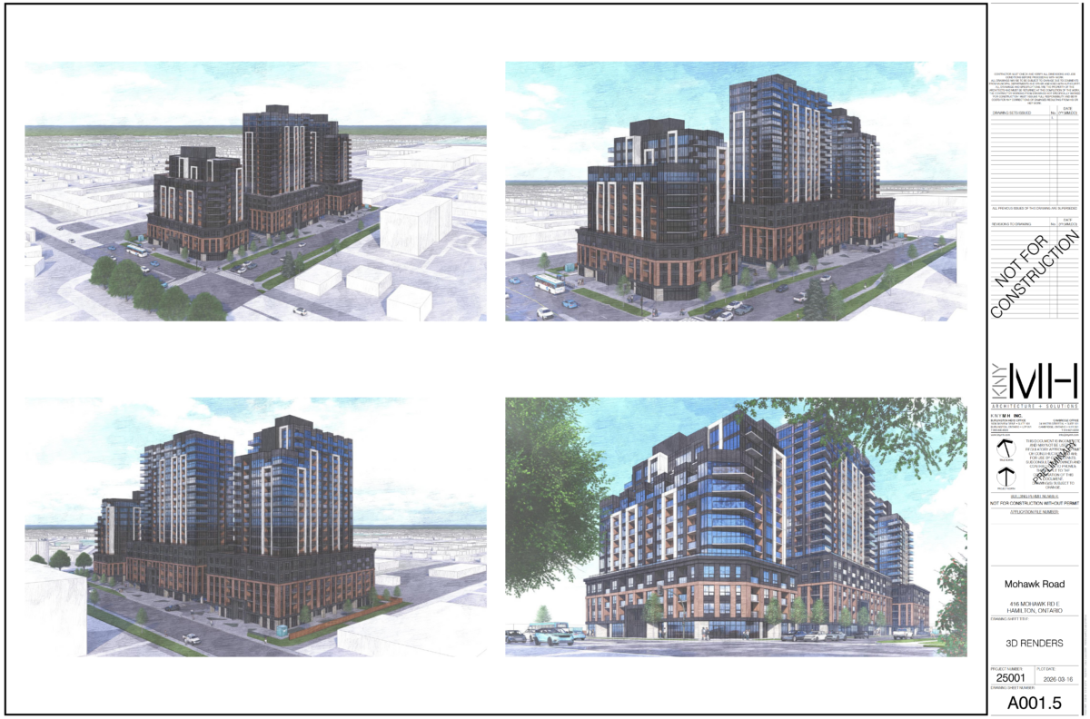 An architectural drawing sheet labeled "3D RENDERS" featuring four different perspective views of the proposed residential complex. The images show the towers from various aerial and street-level angles, highlighting the contemporary design and the way the buildings sit together on the site. The architect's logo, KNYMH, is visible in the right-hand title block.