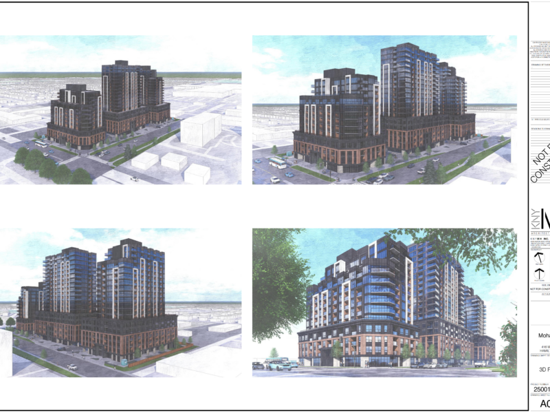 An architectural drawing sheet labeled "3D RENDERS" featuring four different perspective views of the proposed residential complex. The images show the towers from various aerial and street-level angles, highlighting the contemporary design and the way the buildings sit together on the site. The architect's logo, KNYMH, is visible in the right-hand title block.