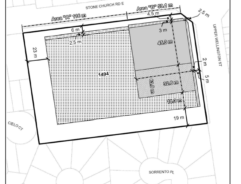A black-and-white technical planning map from the City of Hamilton’s Planning and Economic Development Department titled "Special Figure: 1494 Upper Wellington Street." The map shows a large property parcel bounded by Stone Church Road East to the north and Upper Wellington Street to the east. Different hatched patterns indicate various "Maximum Height" zones across the site: a large western section is capped at 22 metres; a northeast corner section (Area B) is capped at 40 metres; and transition zones are marked at 28 metres, 12.5 metres, and 10.5 metres. The map includes detailed minimum setbacks and stepbacks ranging from 2 to 23 metres. Neighboring residential streets Cielo Court and Sorrento Place are visible to the west and south.