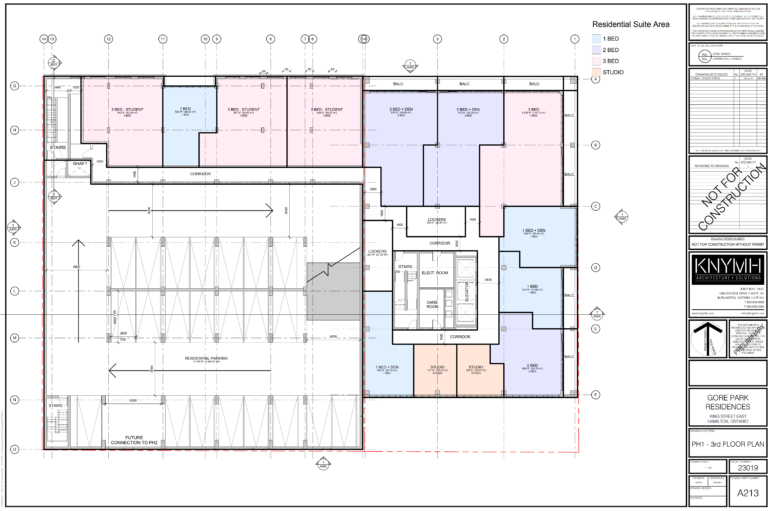A technical architectural drawing showing the "PH1 - 3rd Floor Plan" for Gore Park Residences. The right side of the plan is color-coded by unit type under "Residential Suite Area," showcasing studio, 1-bed, 2-bed, and 3-bed layouts along the corridors. The left half of the blueprint outlines a large "Residential Parking" zone with lane arrows and structured vehicle stalls