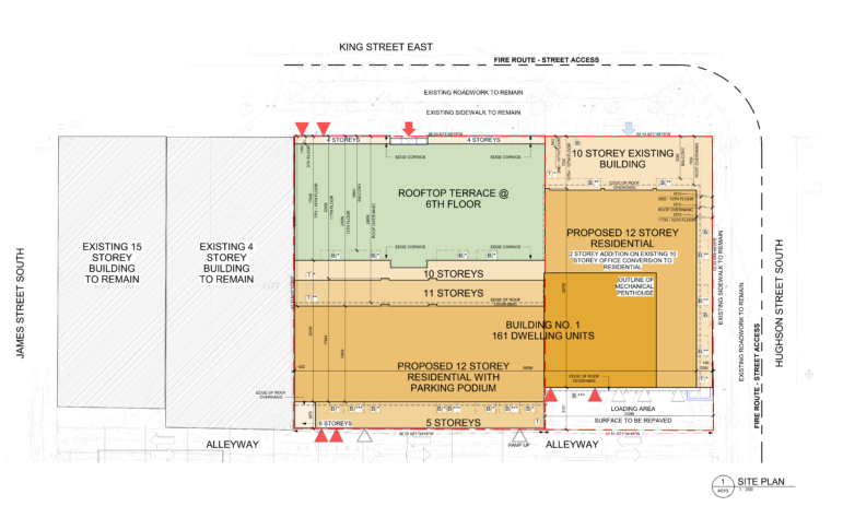 An architectural site plan titled "Gore Park Residences" prepared by KNYMH Architects. The drawing shows a property footprint bounded by King Street East to the north, Hughson Street South to the east, and an alleyway to the south. The plan features color-coded sections: a green area labeled "ROOFTOP TERRACE @ 6TH FLOOR," an orange area detailing a "PROPOSED 12 STOREY RESIDENTIAL WITH PARKING PODIUM," and another section denoting a "PROPOSED 12 STOREY RESIDENTIAL" addition onto a "10 STOREY EXISTING BUILDING." The plan notes the development will contain "161 DWELLING UNITS" in "BUILDING NO. 1." Adjacent buildings to the west are marked as "EXISTING 15 STOREY BUILDING TO REMAIN" and "EXISTING 4 STOREY BUILDING TO REMAIN."