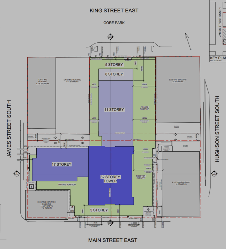 A highly detailed, color-coded architectural master plan diagram. The blueprint features a large 32-storey central tower flanked by a 17-storey section, an 11-storey section, an 8-storey section, and a 5-storey podium section bounded by King Street East to the north, Main Street West to the south, James Street South to the west, and Hughson Street South to the east. Green areas mark private rooftops and amenities.