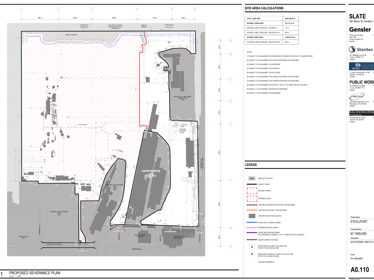 A technical architectural drawing titled "Proposed Severance Plan" for the Steelport project. The plan depicts a large industrial property with red-hatched areas indicating "severed lands" and grey-shaded areas indicating "retained lands." The right side of the document features project details, including the Slate Asset Management logo and a list of consulting firms such as Gensler and Stantec.