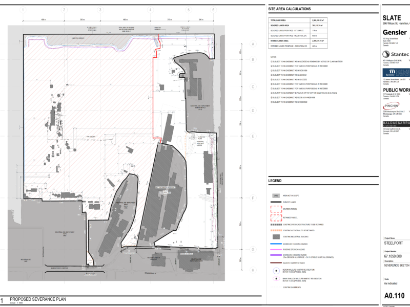 A technical architectural drawing titled "Proposed Severance Plan" for the Steelport project. The plan depicts a large industrial property with red-hatched areas indicating "severed lands" and grey-shaded areas indicating "retained lands." The right side of the document features project details, including the Slate Asset Management logo and a list of consulting firms such as Gensler and Stantec.