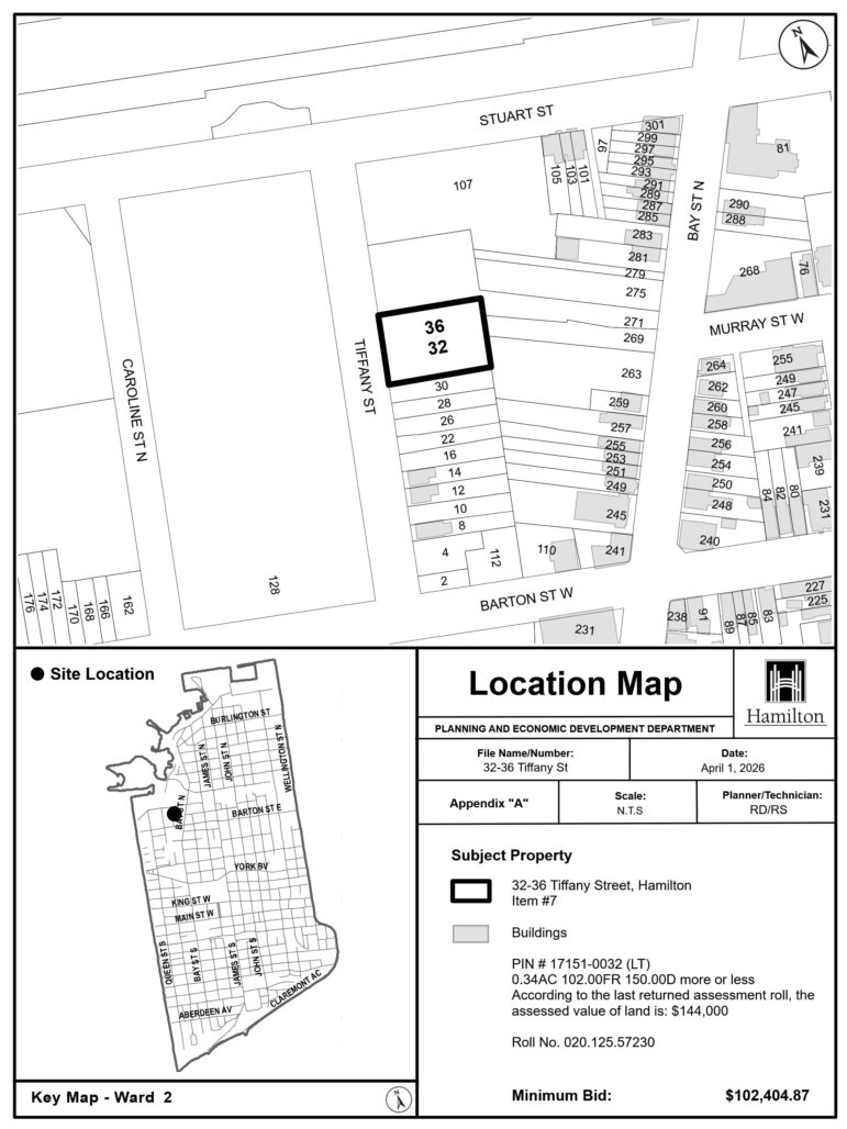 A black-and-white official municipal map document titled "Location Map" from the Planning and Economic Development Department, dated April 1, 2026. A bold black rectangle marks the subject property at 32-36 Tiffany Street in Ward 2, situated between Barton Street West and Stuart Street. The lower section includes legal text, a parcel identification number, an assessed land value of $144,000, and a minimum bid requirement.
