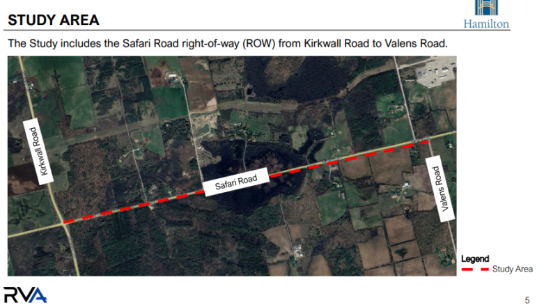 Aerial satellite map showing the study area for Safari Road in Flamborough. Safari Road is marked with a red dashed line running diagonally across the image from Kirkwall Road on the left to Valens Road on the right. The road cuts through farmland and natural areas. The map includes a legend indicating the study area boundary in red. City of Hamilton graphic prepared for May 2026 environmental assessment.