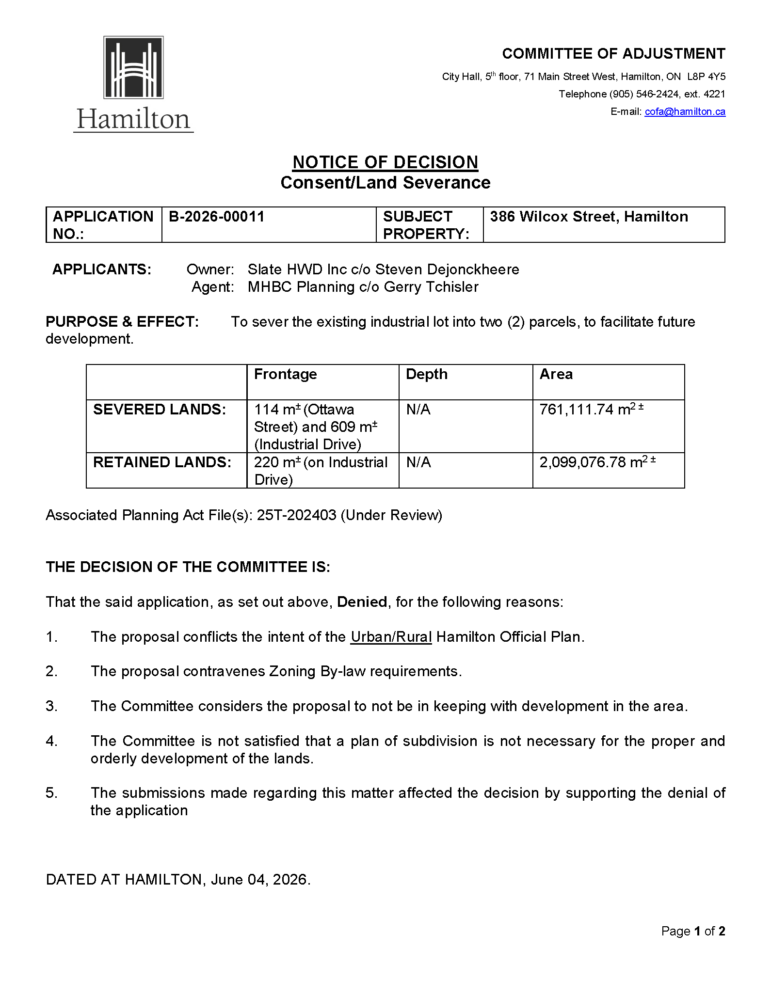 A digital scan of an official legal document from the City of Hamilton Committee of Adjustment shows a Notice of Decision regarding a consent and land severance application for 386 Wilcox Street. The top left corner features the corporate City of Hamilton logo, while the top right lists administrative contact details for the committee at City Hall. A structured table outlines the dimensions and areas of the proposed severed and retained lands, noting a total severed area of over 761,111 square metres and a retained area of over 2,099,076 square metres. Below the table, a bold heading states the decision of the committee is denied, followed by five numbered planning justifications citing conflicts with the Hamilton Official Plan, zoning by-law requirements, and broader neighbourhood development guidelines. The document is dated June 04, 2026, in Hamilton and is labelled as page one of two.