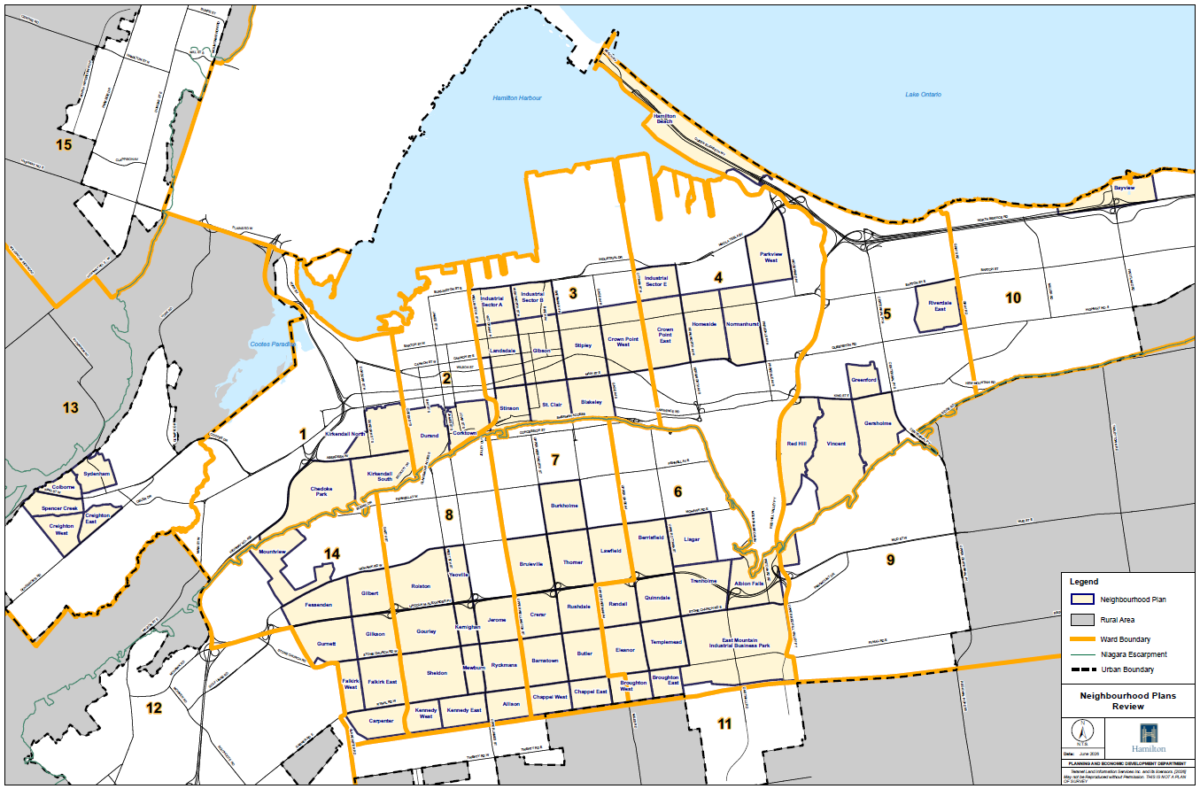 A clean digital graphic shows a regional municipal map of Hamilton, Ontario, mapping the division of city wards and neighbourhood plan areas. Bold orange lines clearly delineate the borders of individual municipal wards, which are identified by large black numbers ranging from 1 to 15. The urbanized lower city and mountain areas feature cream-coloured square blocks indicating specific neighbourhood plans, while peripheral rural areas are shaded in grey. Major geographic landmarks are labelled, including Hamilton Harbour and Cootes Paradise at the top left, alongside Lake Ontario stretching out to the top right. A structured information legend box positioned in the bottom right corner defines the map symbols for neighbourhood plans, rural areas, ward boundaries, the Niagara Escarpment line, and the urban boundary, finalized under flat, balanced digital schematic lighting with the corporate City of Hamilton logo stamped at the lower right.