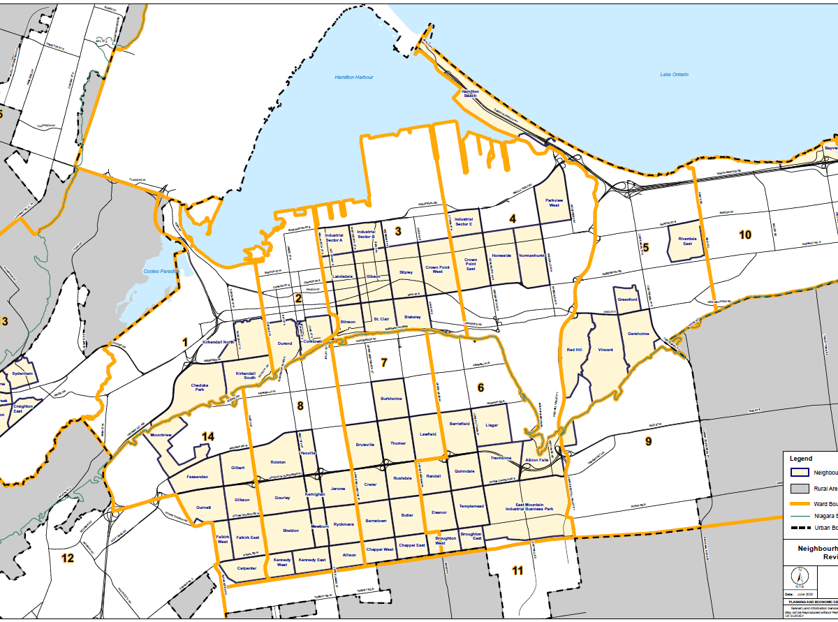 A clean digital graphic shows a regional municipal map of Hamilton, Ontario, mapping the division of city wards and neighbourhood plan areas. Bold orange lines clearly delineate the borders of individual municipal wards, which are identified by large black numbers ranging from 1 to 15. The urbanized lower city and mountain areas feature cream-coloured square blocks indicating specific neighbourhood plans, while peripheral rural areas are shaded in grey. Major geographic landmarks are labelled, including Hamilton Harbour and Cootes Paradise at the top left, alongside Lake Ontario stretching out to the top right. A structured information legend box positioned in the bottom right corner defines the map symbols for neighbourhood plans, rural areas, ward boundaries, the Niagara Escarpment line, and the urban boundary, finalized under flat, balanced digital schematic lighting with the corporate City of Hamilton logo stamped at the lower right.