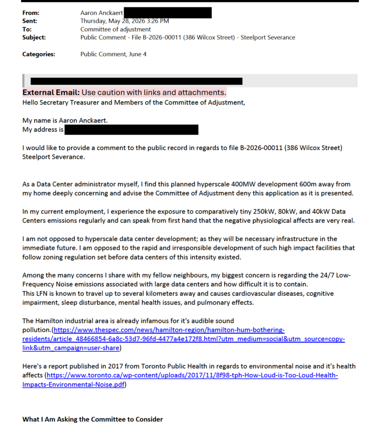 A digital scan of an email public comment document dated May 28, 2026, sent to the Committee of Adjustment by Aaron Anckaert. The text highlights concerns about 24/7 low-frequency noise (LFN) emissions from modern hyperscale data centres and references external health reports on environmental noise. Several personal details are redacted with black blocks.