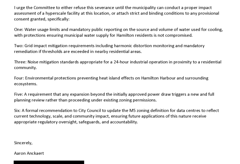 The concluding page of Aaron Anckaert's submission, outlining six specific binding conditions—including water limits and grid distortion monitoring—requested of the Committee if provisional consent is granted.