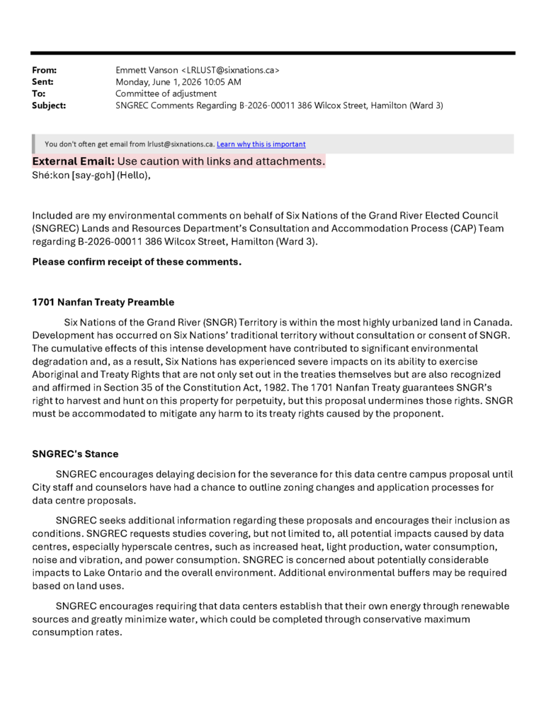 A digital scan of an email letter dated June 1, 2026, sent on behalf of Six Nations of the Grand River Elected Council (SNGREC) Lands and Resources Department. The document cites the 1701 Nanfan Treaty Preamble regarding harvesting and hunting rights, outlines environmental concerns over potential heat, light, water, and power consumption from the proposed data centre campus, and requests stricter conditional studies.