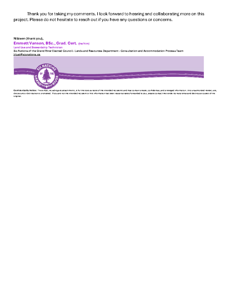 The second page of a digital correspondence document. It features closing remarks expressing a desire for further collaboration on the project, a formal sign-off from Emmett Vanson, BSc., Grad. Cert., and a purple banner displaying the official Six Nations of the Grand River corporate seal.