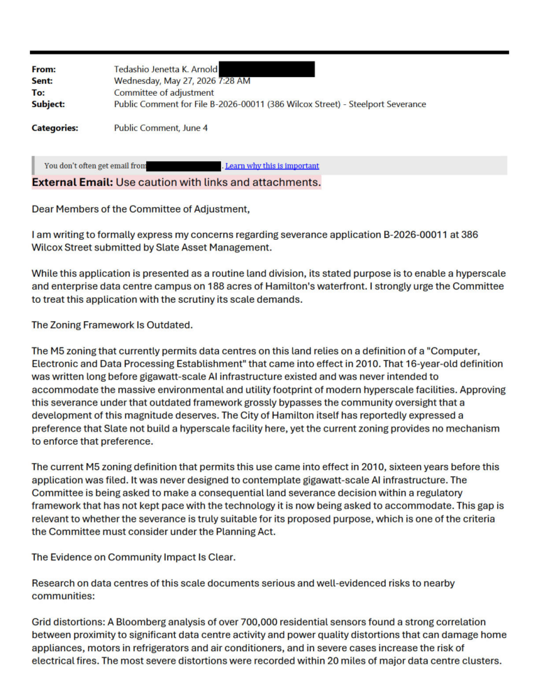 An email document from Tedashio Jenetta K. Arnold dated May 27, 2026, providing a public comment on the Steelport Severance. The text outlines how current industrial zoning enacted in 2010 fails to account for modern power grid distortions caused by massive server clusters.