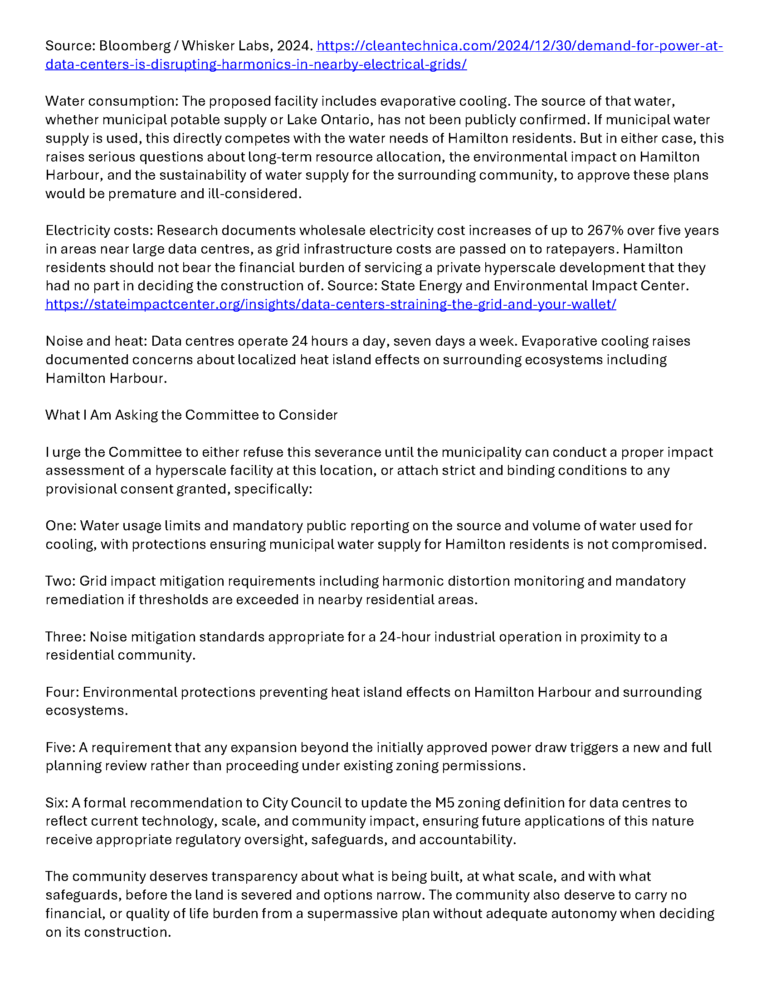 The second page of a typed public submission detailing environmental data points. It cites a multi-year 267% increase in wholesale electricity costs near large server hubs and echoes six policy mandates regarding transparency, environmental protections, and regulatory oversight.