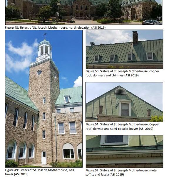 A multi-photo document page prepared by Archaeological Services Inc features five colour images documenting the architectural elements of a large heritage stone institutional facility. The top photograph shows the expansive north elevation of the grand stone building under a partly cloudy sky, featuring its green-patinated copper roof and central cupola tower. The remaining four panels provide detailed close-up views of specific architectural components, including the tall, square stone bell tower, rows of small roof dormers beside a brick chimney, a triangular gable end with a semi-circular ventilation louver, and an intricate close-up of the metal soffits and fascia boards, with each frame accompanied by an explanatory figure caption dated 2019.