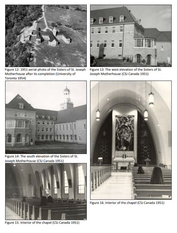 A page from an assessment document displays five historical black-and-white photographs from 1951 tracing the early history of the motherhouse facility. The collection begins with an aerial viewpoint showing the sprawling collegiate-style building campus nestled near a forested escarpment edge, followed by exterior perspective views documenting the stone masonry of the west and south elevations. The final two frames reveal the interior architecture of the building chapel, showcasing rows of dark wooden pews, towering arched concrete ceiling ribs, tall vertical windows, and a prominent sacred mural hanging above the altar sanctuary space.