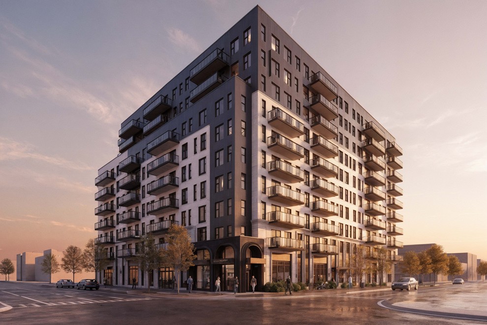 A digital architectural rendering of a modern 10-storey mixed-use condominium building at a street intersection during sunset. The building features a multi-toned facade with white panels on the lower levels and dark grey siding on the upper storeys. Prominent balconies with black metal railings line the exterior. The ground floor accommodates commercial storefront retail spaces with arched entryways, and pedestrians and cars are visible on the surrounding sidewalks and streets.