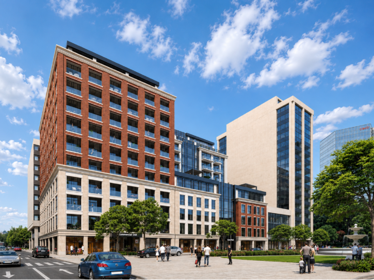 A street-level architectural rendering depicts a contemporary mixed-use urban development overlooking Gore Park in downtown Hamilton. The primary structure features a multi-storey podium clad in off-white stone with large rectangular glass windows on the lower levels, transitioning into red-brick upper storeys fitted with private glass-railed balconies. Ground-floor storefront spaces marked with commercial signage line the pedestrian promenade, where illustrated pedestrians walk along paved pathways adjacent to manicured lawn areas, mature trees, and a decorative stone fountain. Secondary high-rise building towers and existing commercial office towers frame the background under a bright blue sky filled with light white clouds.