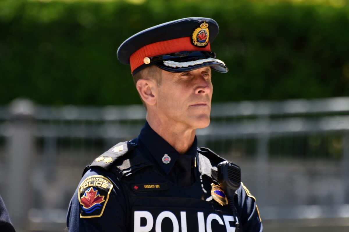 A medium close-up outdoor portrait captures a male senior police officer, Deputy Chief of Police Ryan Diodati, in profile, gazing forward toward the right with a serious, composed expression. He is wearing the formal service dress of the Hamilton Police Service, including a dark navy peaked service cap adorned with a bright red band, an embroidered police crest, and gold oak leaf bullion along the visor. His dark uniform shirt features epaulette insignia on the shoulders, an embroidered shoulder flash with the municipal police crest, a clip-on radio microphone, a metallic badge, and a nameplate reading Diodati 801. The background has a soft focus and shallow depth of field, revealing green foliage and a grey metal balustrade under direct, bright daytime sunlight that casts distinct highlights across his face and uniform.